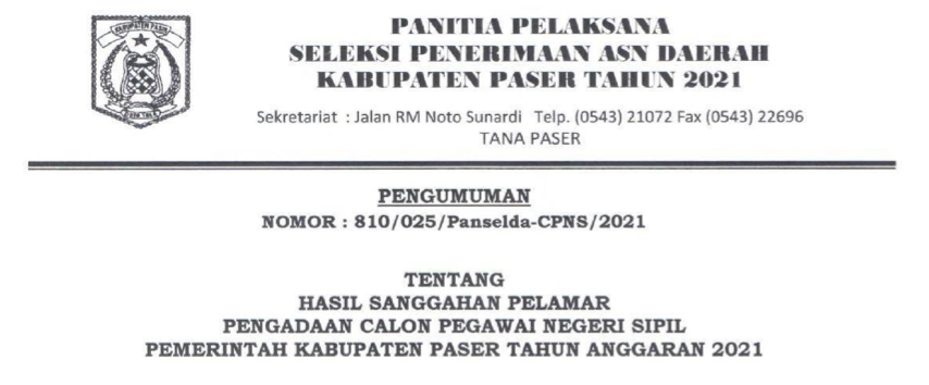 Hasil Sanggahan Pelamar Pengadaan CPNS Pemerintah Kab. Paser TA 2021