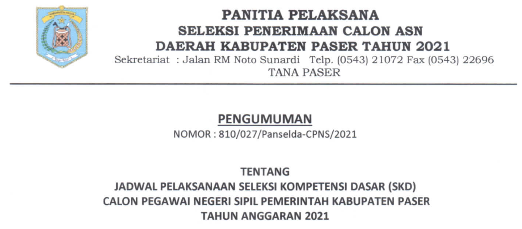 Jadwal Pelaksanaan SKD CPNS Pemerintah Kab. Paser TA 2021