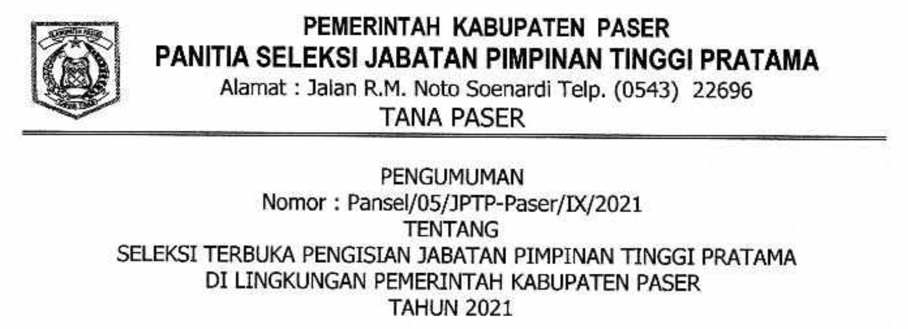 Seleksi Terbuka Pengisian Jabatan Pimpinan Tinggi Pratama di Lingkungan Pemerintah Kabupaten Paser Tahun 2021